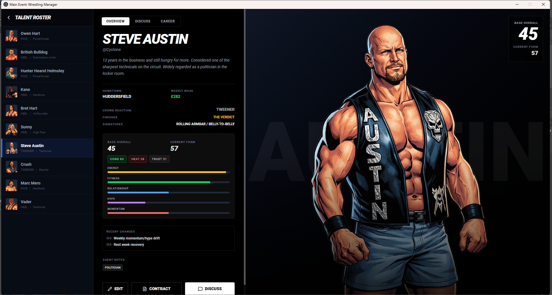 Main Event Wrestling Manager Roster Screen